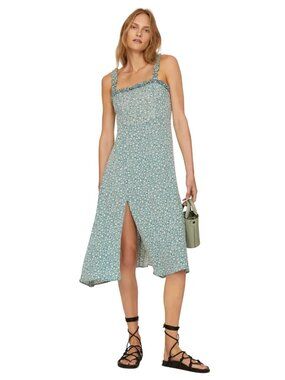 Louna Floral Ruffle Dress in Blue Small Womens Sleeveless Slip